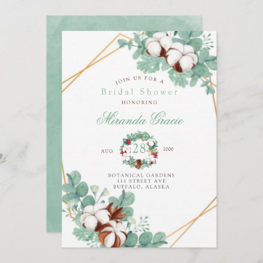 Invitation Eucalyptus vert et Fête des mariées en coton (Devant / Derrière)