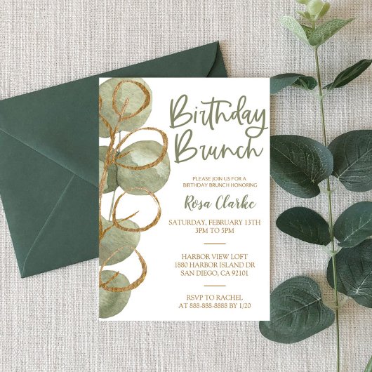 Invitation Eucalyptus vert et huile d'or Brunch d'anniversair