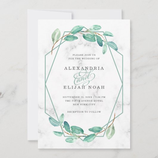 Invitation Eucalyptus vert et marbre | Mariage (Devant)