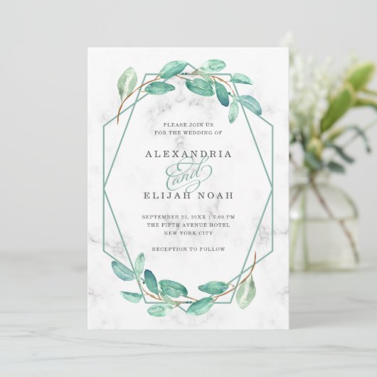 Invitation Eucalyptus vert et marbre | Mariage (Debout devant)
