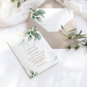 Invitation Eucalyptus vert et or doux 16 Anniversaire
