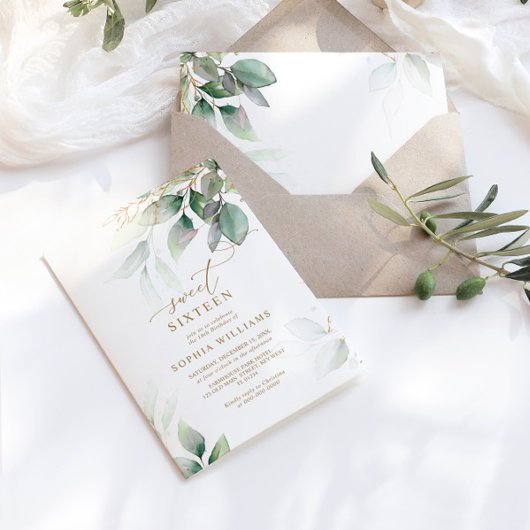 Invitation Eucalyptus vert et or doux 16 Anniversaire