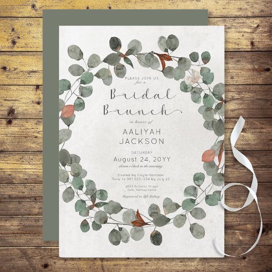 Invitation Eucalyptus vert et rouille Brunch nuptial moderne