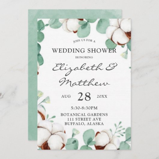 Invitation Eucalyptus vert et Wedding shower de coton (Devant / Derrière)