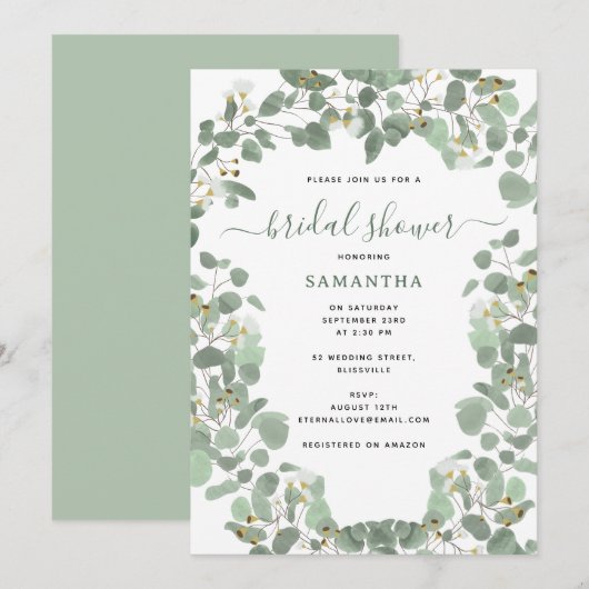 Invitation Eucalyptus Vert Fête des mariées Dollar Argent (Devant / Derrière)