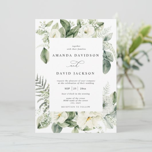 Invitation Eucalyptus Vert feuillage Blanc Floral Mariage (Debout devant)