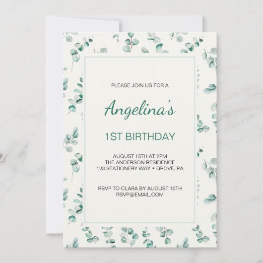 Invitation Eucalyptus Vert Feuilles premier anniversaire (Devant)