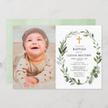 Invitation Eucalyptus vert feuilles simple baptême photo<br><div class="desc">Pour une personnalisation plus avancée de ce design,  il suffit de cliquer sur le bouton "Customiser" ci-dessus !</div>