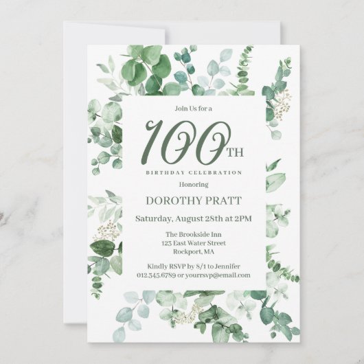 Invitation Eucalyptus vert foncé 100e fête d'anniversaire (Devant)