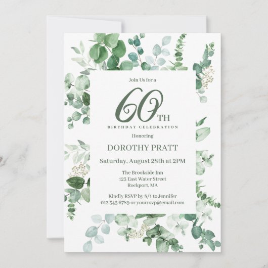 Invitation Eucalyptus vert foncé 60e fête d'anniversaire (Devant)