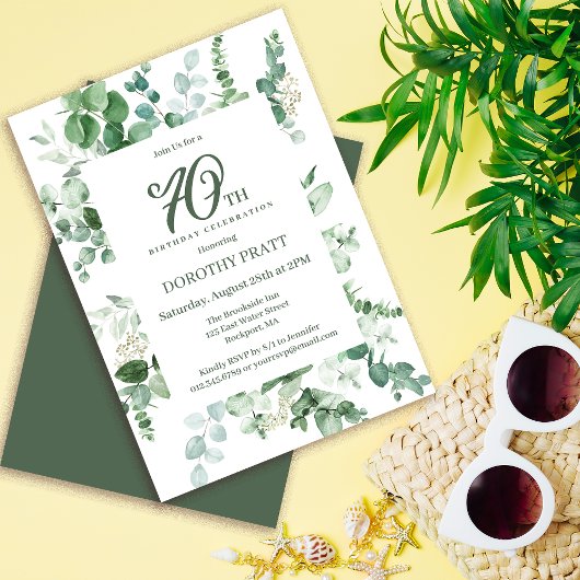 Invitation Eucalyptus vert foncé 70e fête d'anniversaire