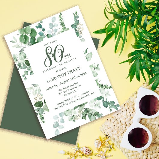 Invitation Eucalyptus Vert foncé 80e fête d'anniversaire