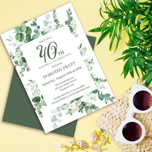 Invitation Eucalyptus vert foncé fête du 40e anniversaire