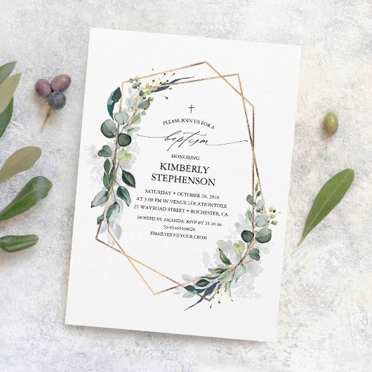 Invitation Eucalyptus Vert Géométrique Moderne Baptême
