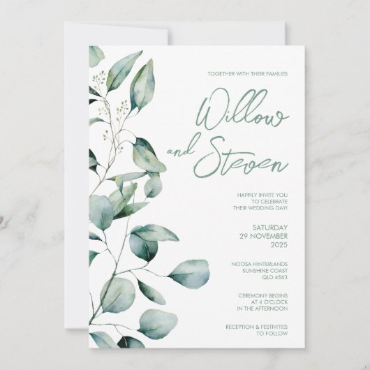 Invitation Eucalyptus Vert Mariage botanique rustique (Devant)