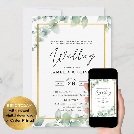 Invitation Eucalyptus Vert Mariage QR CODE Budget moderne