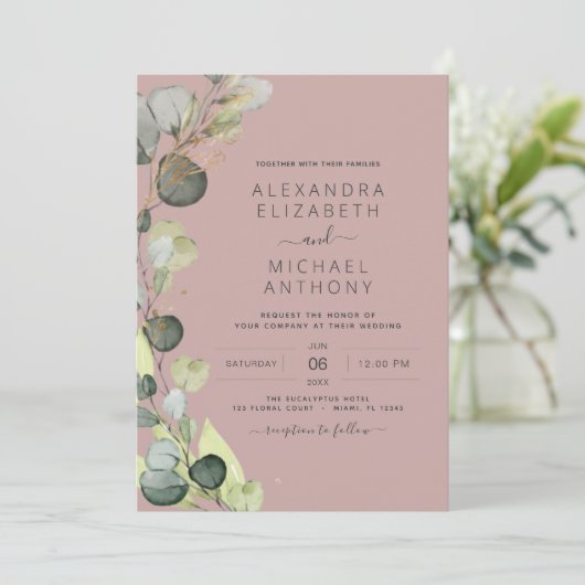 Invitation Eucalyptus Vert Mariage rose mauve (Debout devant)