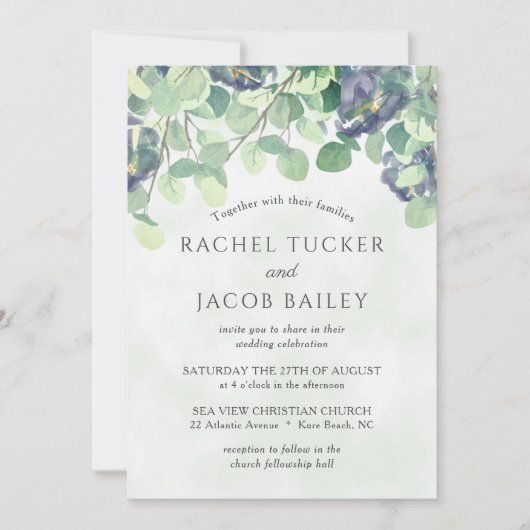 Invitation Eucalyptus Vert Marine bleu Mariage floral (Devant)