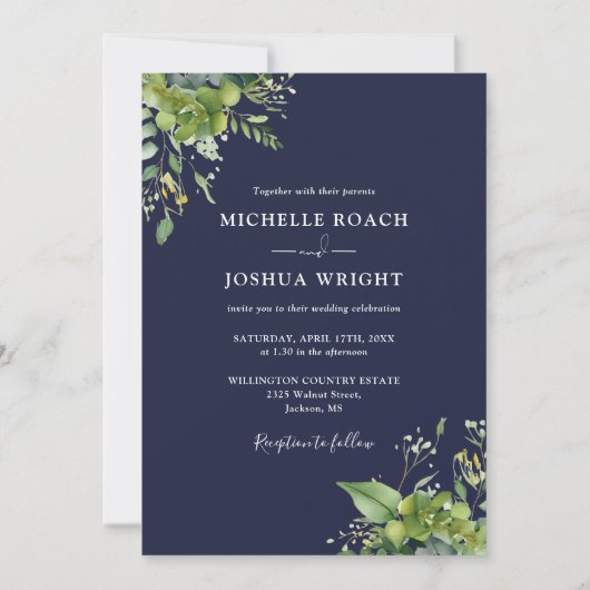 Invitation Eucalyptus Vert Marine Mariage Monogramme bleu mar (Devant)