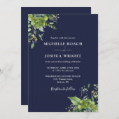 Invitation Eucalyptus Vert Marine Mariage Monogramme bleu mar (Devant / Derrière)
