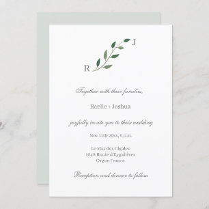 Invitation Eucalyptus Vert minimaliste gris blanc Mariage