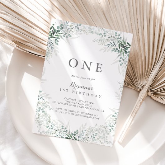 Invitation Eucalyptus Vert Minimaliste Premier anniversaire
