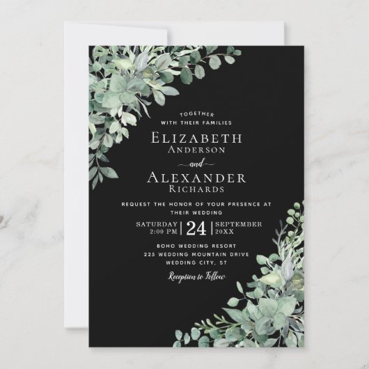 Invitation Eucalyptus Vert Noir Tout en un Mariage (Devant)
