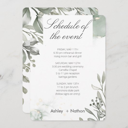 Invitation Eucalyptus vert & or aquarelle Mariage (Devant / Derrière)