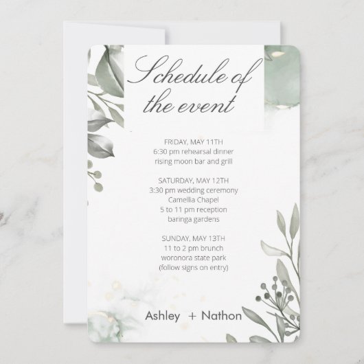 Invitation Eucalyptus vert & or aquarelle Mariage (Devant)