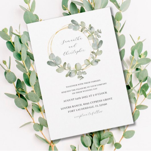 Invitation Eucalyptus Vert & Or Aquarelle Mariage de couronne