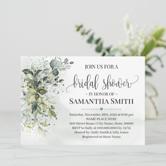 Invitation Eucalyptus vert poussière d'aquarelle douche nupti (Debout devant)