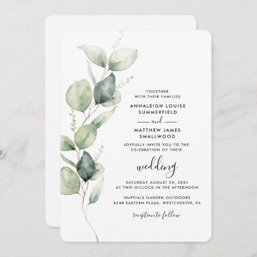 Invitation Eucalyptus vert QR Code tout en un Mariage (Devant / Derrière)