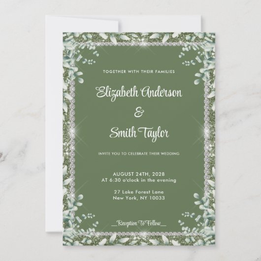 Invitation Eucalyptus Vert Sage Moderne Et Mariage Diamant (Devant)