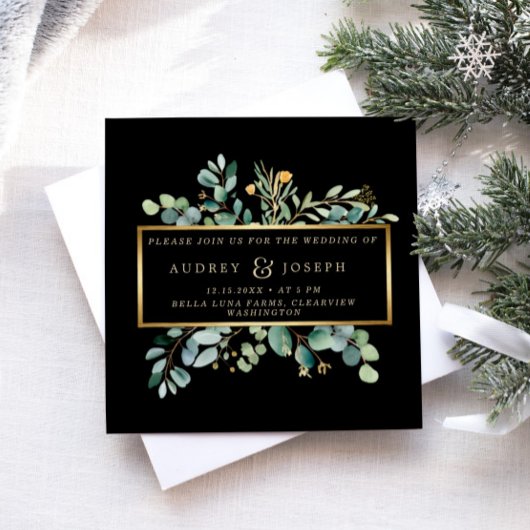 Invitation Eucalyptus vert sur noir | Mariage de Noël