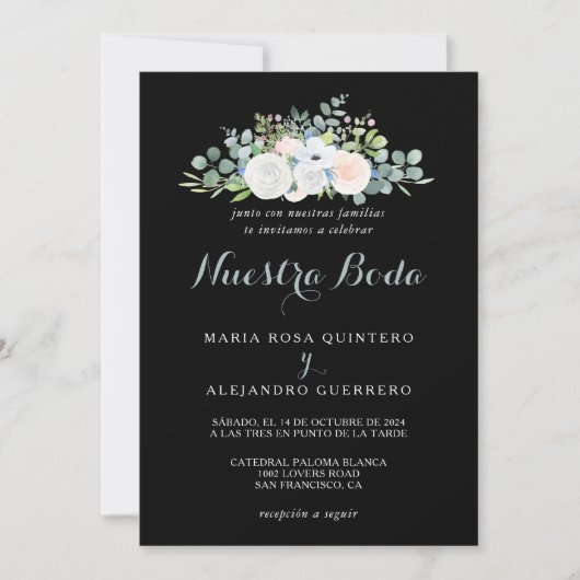 Invitation Eucalyptus vert tropical Mariage espagnol noir (Devant)