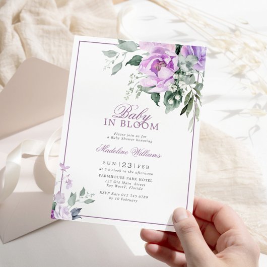 Invitation Eucalyptus Violet Fleurs Baby in Bloom Douche