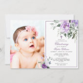 Invitation Eucalyptus Violet Fleurs Photo Girl Christening (Devant)