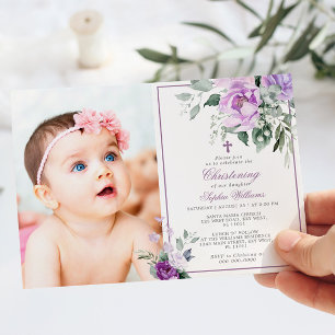 Invitation Eucalyptus Violet Fleurs Photo Girl Christening