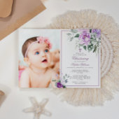 Invitation Eucalyptus Violet Fleurs Photo Girl Christening