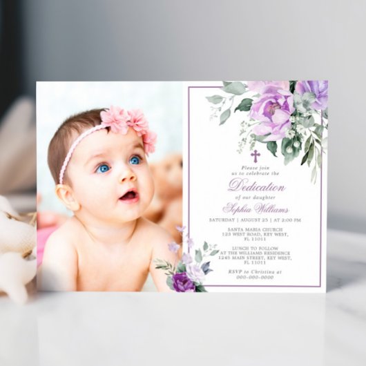 Invitation Eucalyptus Violet Fleurs Photo Girl Dedication