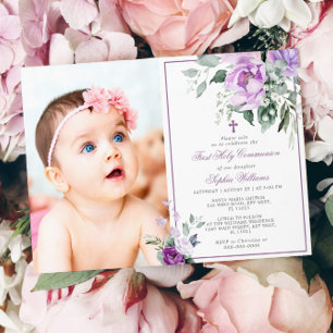 Invitation Eucalyptus Violet Photo Girl première sainte commu
