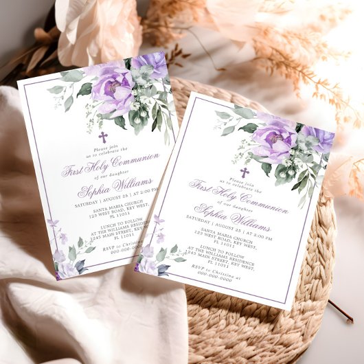 Invitation Eucalyptus Violet Première Communion Sainte Invita