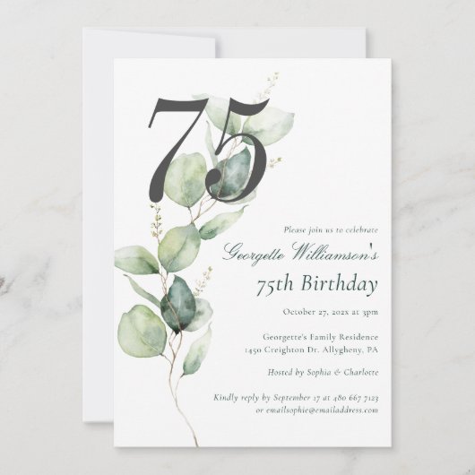 Invitation Eucalyptus Watercolor 75th Birthday Script (Devant)