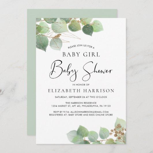Invitation Eucalyptus Watercolor Baby shower fille (Devant / Derrière)
