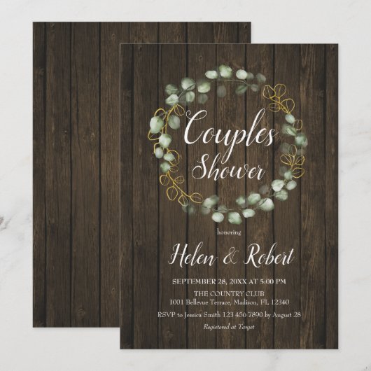 Invitation Eucalyptus Wreath Couples Rustiques Douche (Devant / Derrière)