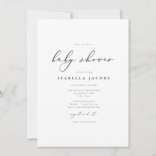 Invitation EVELYN Elegant Baby shower de script de calligraph (Devant)