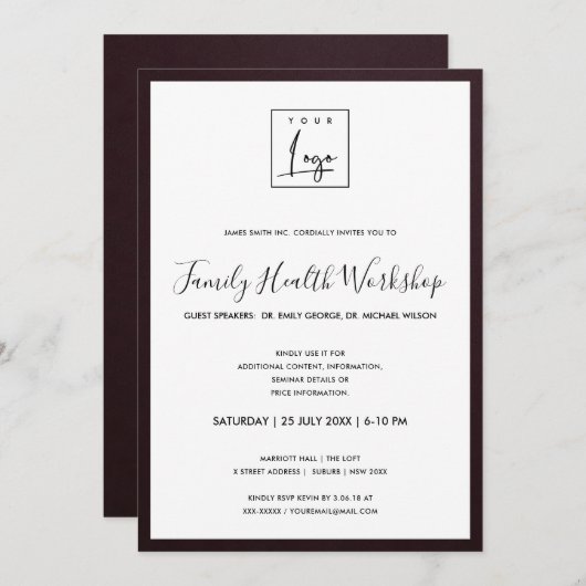 INVITATION ÉVÉNEMENT D'ATELIER DE LOGO EN SOIE VELVET BOURGOG (Devant / Derrière)