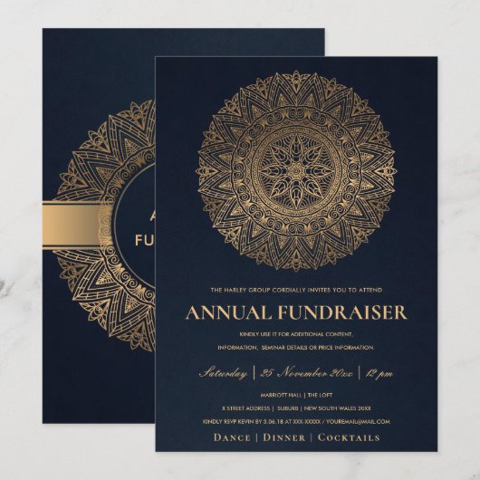 INVITATION ÉVÉNEMENT DE SOCIÉTÉ MANDALA ORNÉ OR NAVY GOLD (Devant / Derrière)