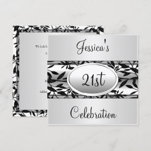 Invitation Événement du 21e anniversaire floral noir et blanc