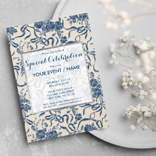 Invitation Événement Floral Moderne Vintage Chic Ivoire Bleu